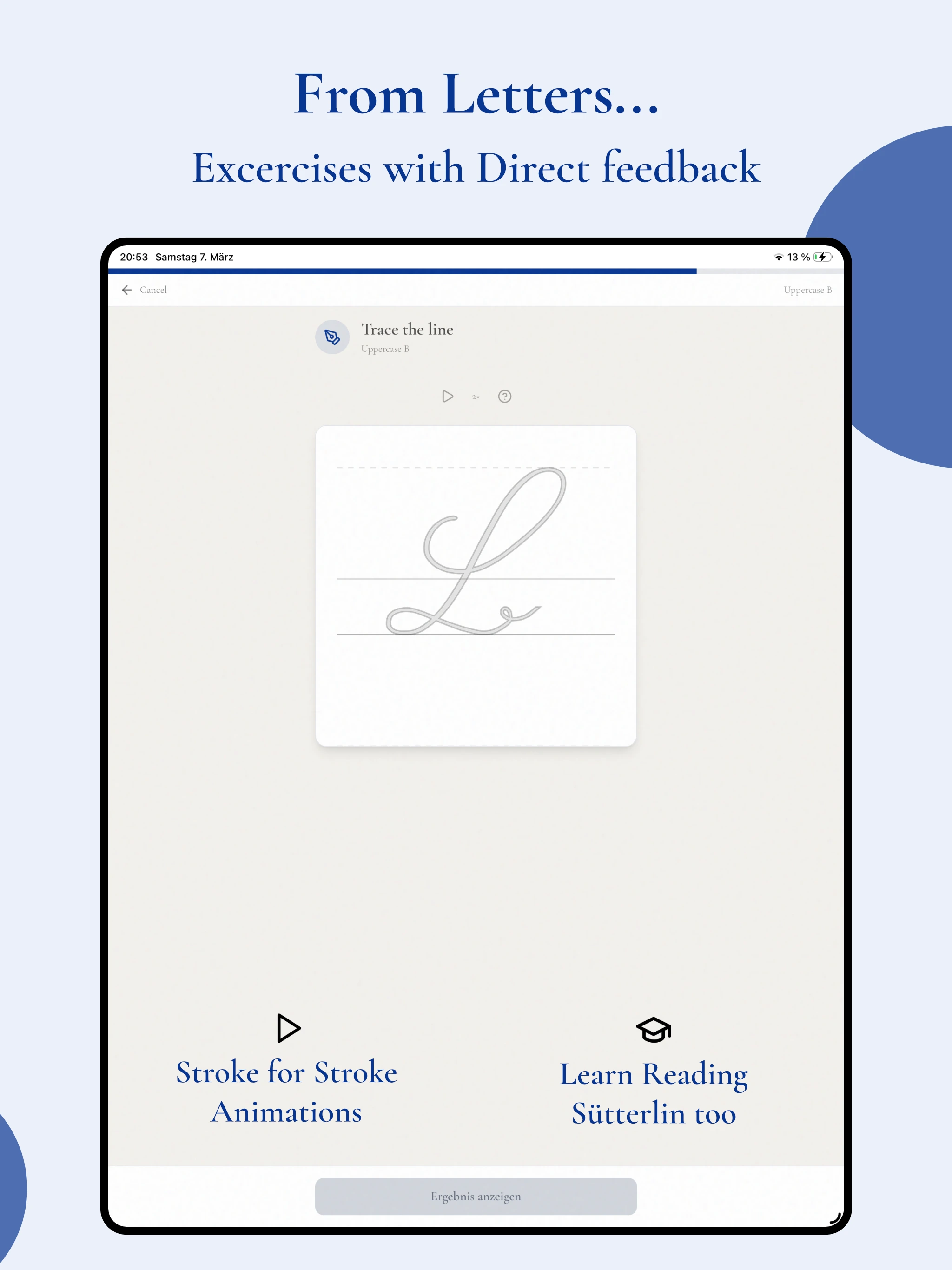 Spitzfeder letter tracing exercise on a tablet