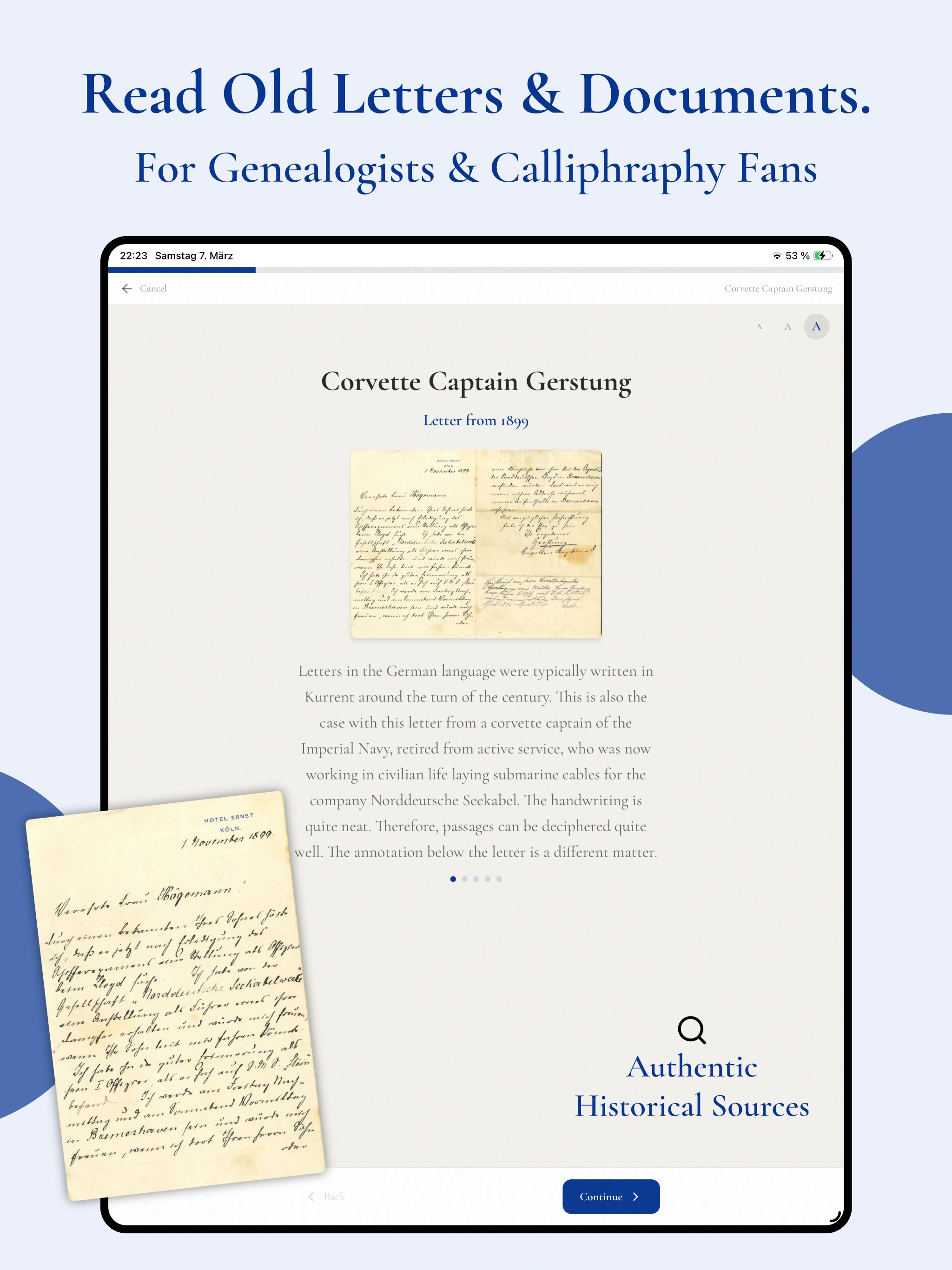 Spitzfeder’s historical source exercise on a tablet