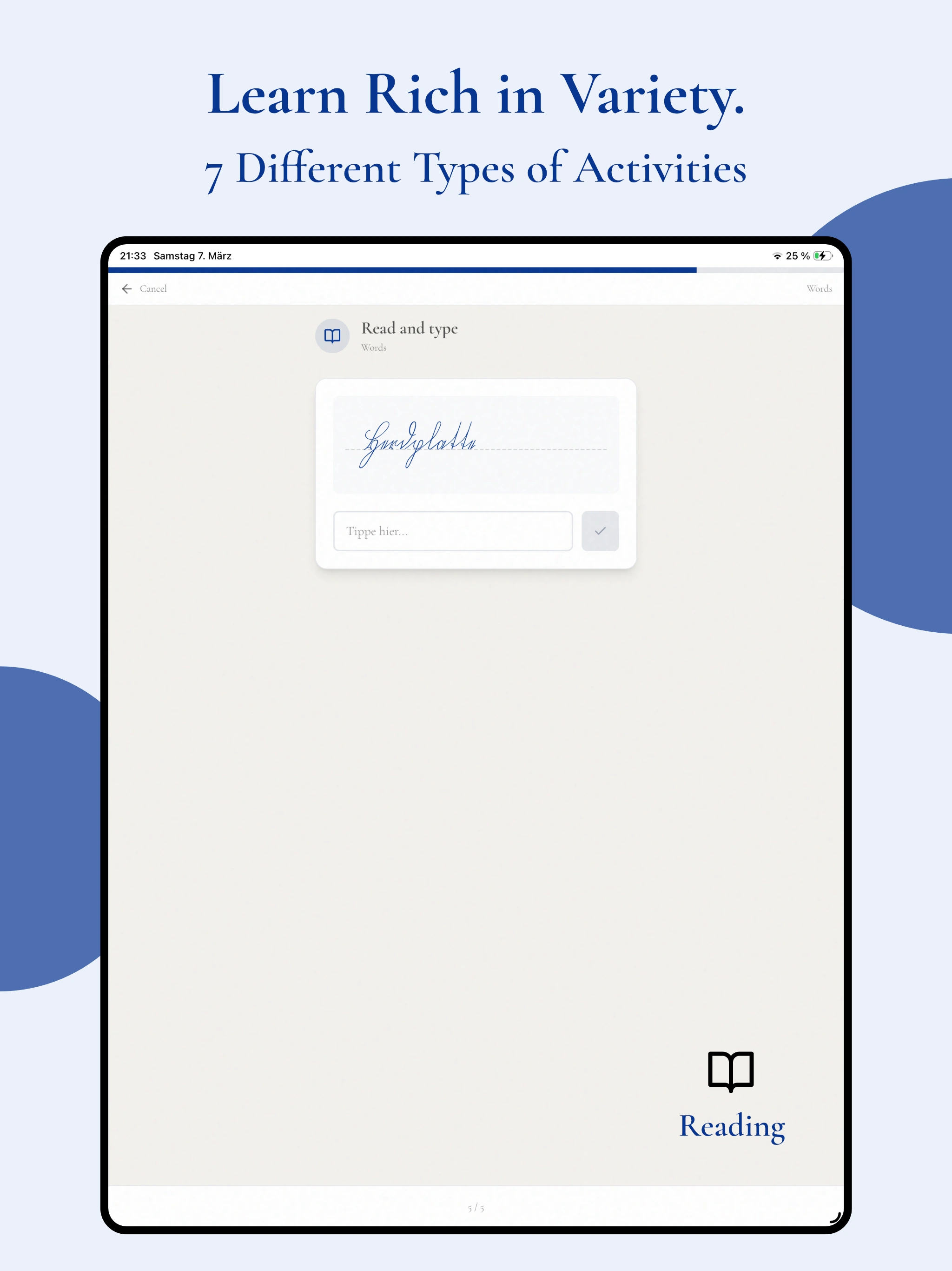 Spitzfeder Kurrent reading exercise on a tablet